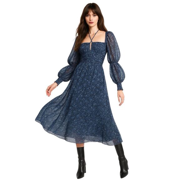 Free People Aglow Maxi Dress S Blue Floral Puff Sleeve Romantic Whimsigoth - Picture 1 of 12